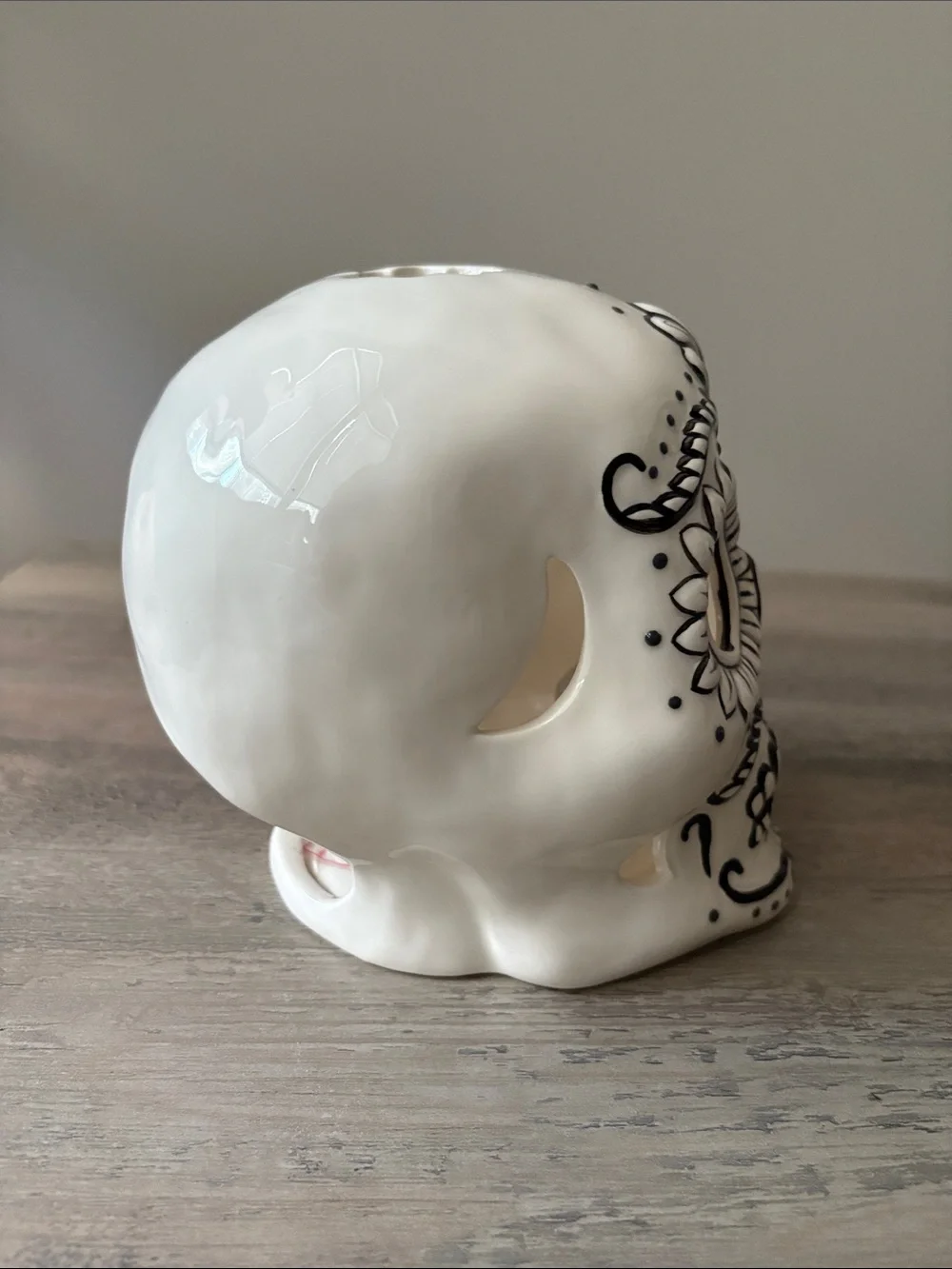 Blue Sky White and Black Ceramic Sugar Skull Tea Light Candle Holder